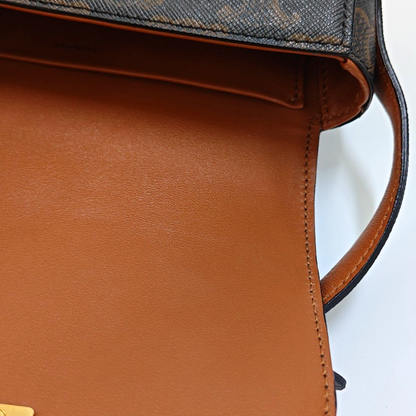 CELINE TRIOMPHE Nano Brown Coated Canvas Triumph Monogram Crossbody Bag, Shoulder Bag with Gold Hardware-(SKU)-952939919