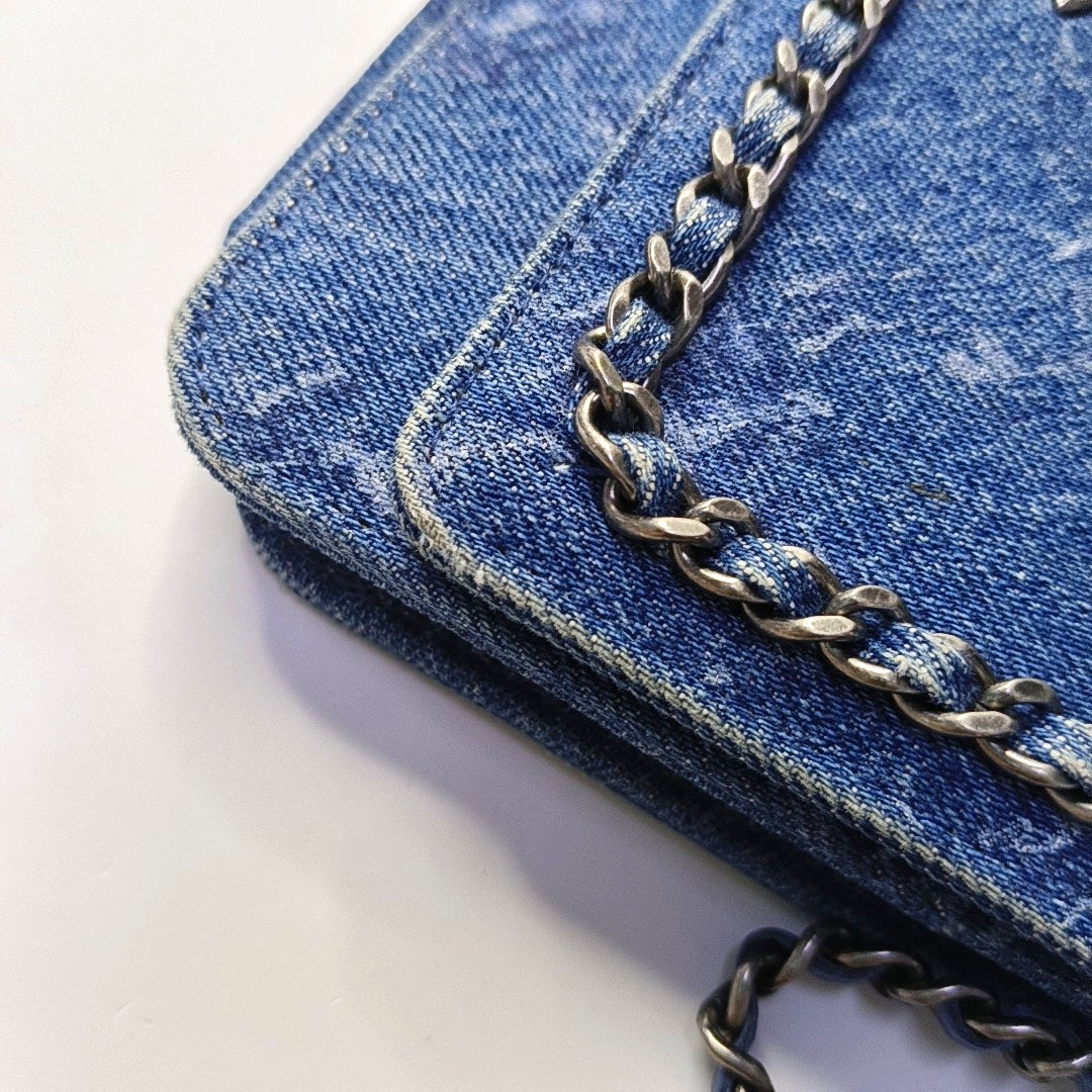 CHANEL WOC Mini Blue Denim Quilted Shoulder Bag with Detachable Strap, Silver Hardware, 28 Compartments-(SKU)-969867526