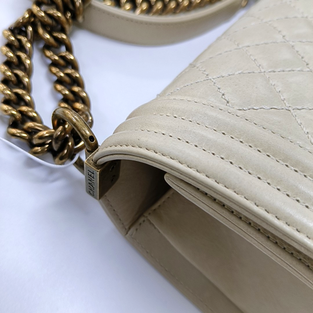 CHANEL BOY CHANEL Medium Beige Calfskin Quilted Shoulder Bag Crossbody Bag with Detachable Strap Gold Hardware-(SKU)-956099870