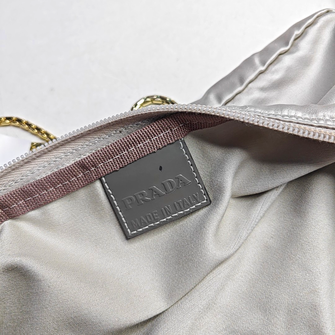 PRADA Silver Gray Satin Logo Single Shoulder Bag Golden hardware-(SKU)-958257769