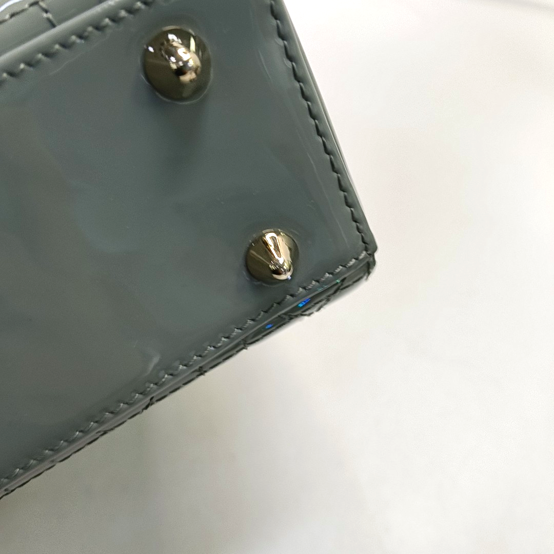 DIOR Lady Dior Small Size Blue Gray Patent Leather Cannage Quilted Diorella Shoulder Bag Tote Crossbody Bag with Detachable Strap-(SKU)-945787719