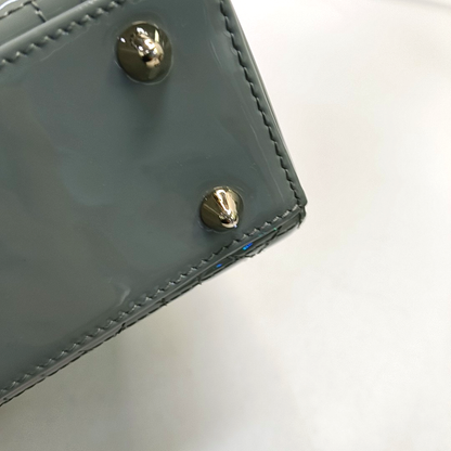 DIOR Lady Dior Small Size Blue Gray Patent Leather Cannage Quilted Diorella Shoulder Bag Tote Crossbody Bag with Detachable Strap-(SKU)-945787719