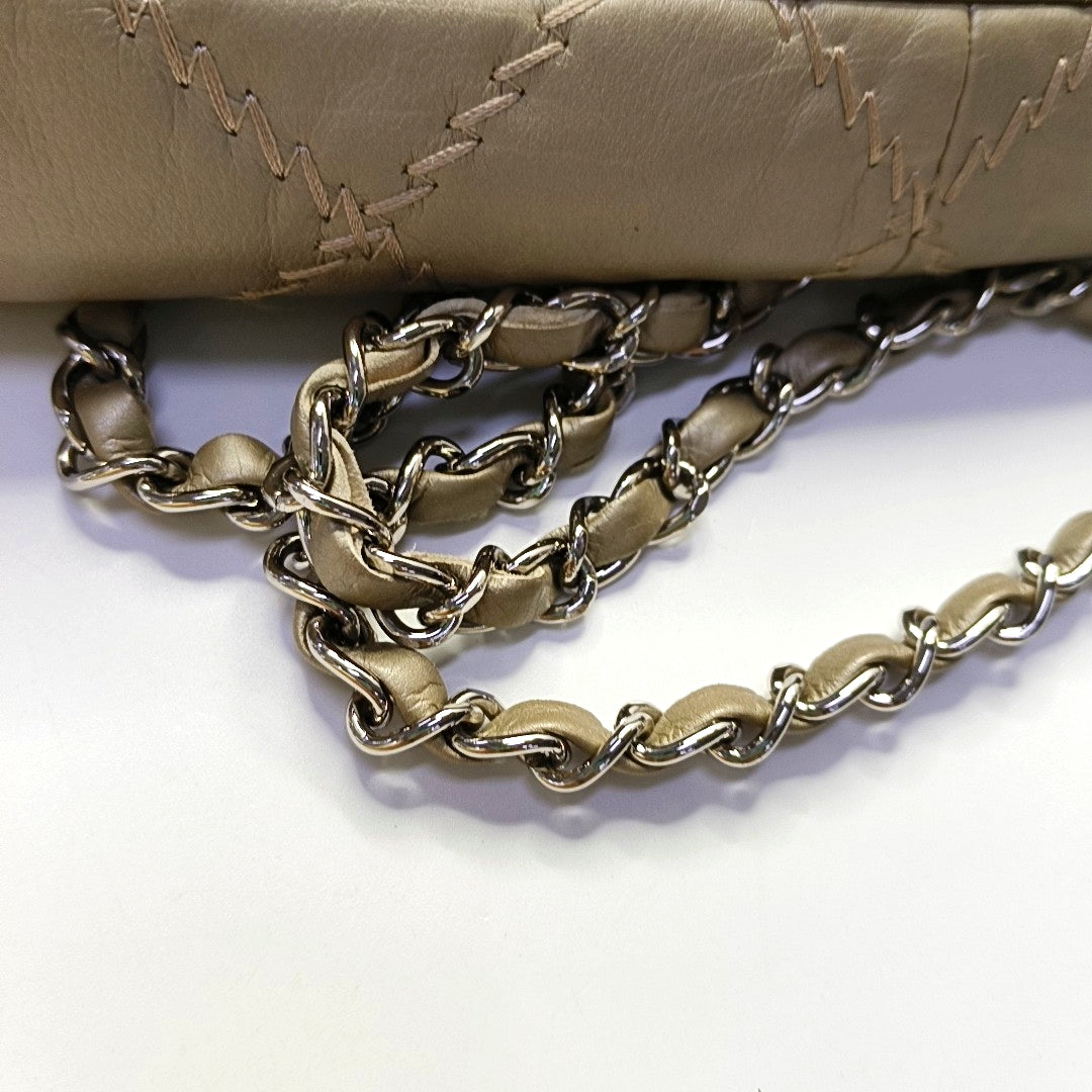 CHANEL WILD STITCH Grey Calfskin Quilted Shoulder Bag, Crossbody Bag with Silver Hardware, 15 compartments-(SKU)-966814468