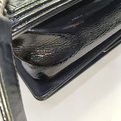 CHANEL BOY CHANEL Medium Size Black Patent Calfskin Monogram Shoulder Bag, Crossbody with Detachable Strap, Ruthenium-Colored Hardware, 19 Clasps-(SKU)-969782538