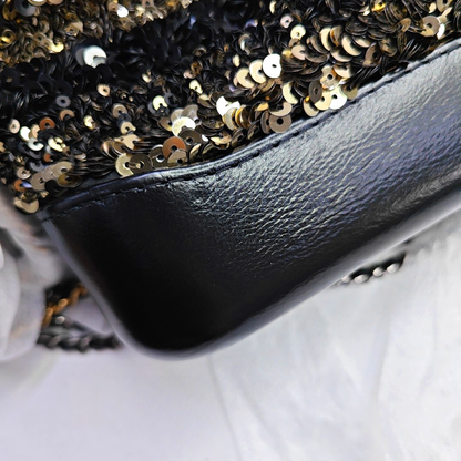 CHANEL GABRIELLE Black Sequined Woven Bag Shoulder Bag Crossbody Bag Rhodium Hardware 26 Clasp Removable Strap-(SKU)-957268642