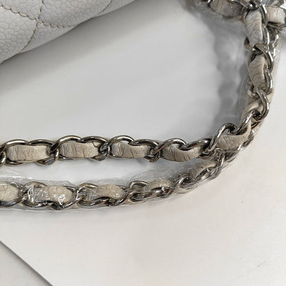 CHANEL CLASSIC FLAP Medium White Quilted Leather Grained Single Shoulder Bag Crossbody Bag with Silver Hardware 12 opening-(SKU)-961743438