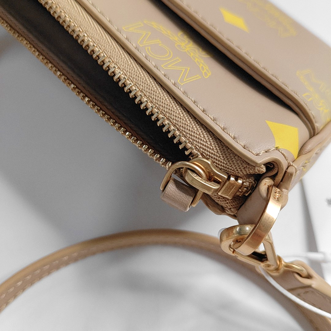 MCM DELMY mini Khaki Coated Canvas Monogram Single Shoulder Bag Handbag Crossbody Golden hardware shoulder straps-(SKU)-944497283