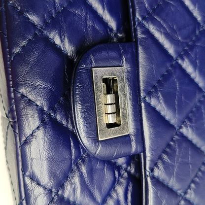 CHANEL 2.55 Large Deep Blue Vintage Calfskin Quilted Chevron Single Shoulder Bag with Palladium Hardware-(SKU)-955055136