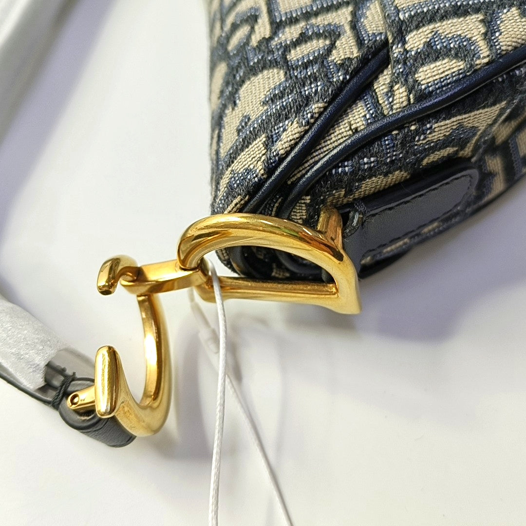 DIOR Saddle Blue Canvas Monogram Saddle Bag Handbag Shoulder Bag Crossbody Bag with Gold Hardware Removable Strap-(SKU)-969434186