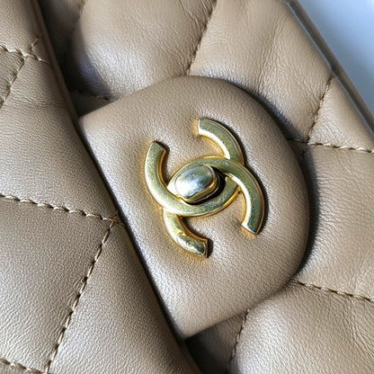 CHANEL CLASSIC FLAP Mini Khaki Lamb Leather Quilted Chevron Shoulder Crossbody Bag Golden Hardware-(SKU)-969262802