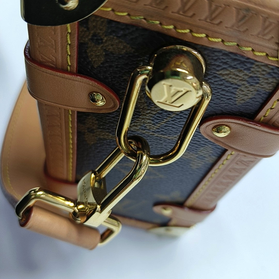 LOUIS VUITTON SIDE TRUNK Medium Monogram Brown Coated Canvas Riveted Soft Box Shoulder Bag Crossbody Bag Golden Hardware 2 Removable Straps-(SKU)-971266258