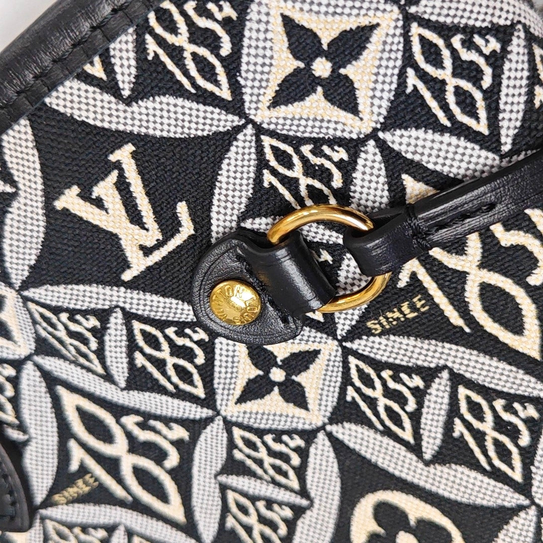 LOUIS VUITTON NEVERFULL Medium Black Fabric Floral Shopping Bag Shoulder Bag Tote Bag Gold Hardware Inner Pocket-(SKU)-970320625