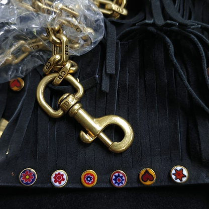 DIOR Lady Dior Mini Black Suede Leather Studded Fringe Crossbody Bag with Gold Hardware, Detachable Strap-(SKU)-961788599