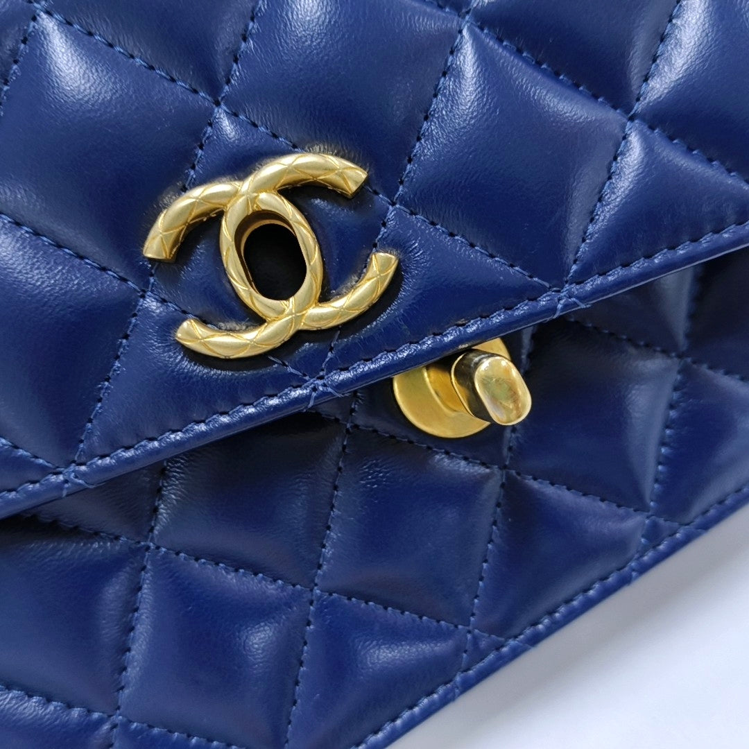CHANEL 24B Dark Blue Lamb Skin Diamond Quilted Shoulder Bag Crossbody Bag Golden Hardware-(SKU)-965304712