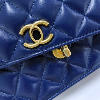 CHANEL 24B Dark Blue Lamb Skin Diamond Quilted Shoulder Bag Crossbody Bag Golden Hardware-(SKU)-965304712