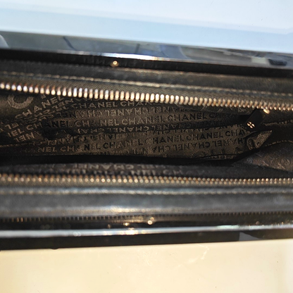 CHANEL CHOCOLATE BAR Black Lamb Skin Quilted Shoulder Bag, Handbag with Silver Hardware, 8 compartments-(SKU)-946413331