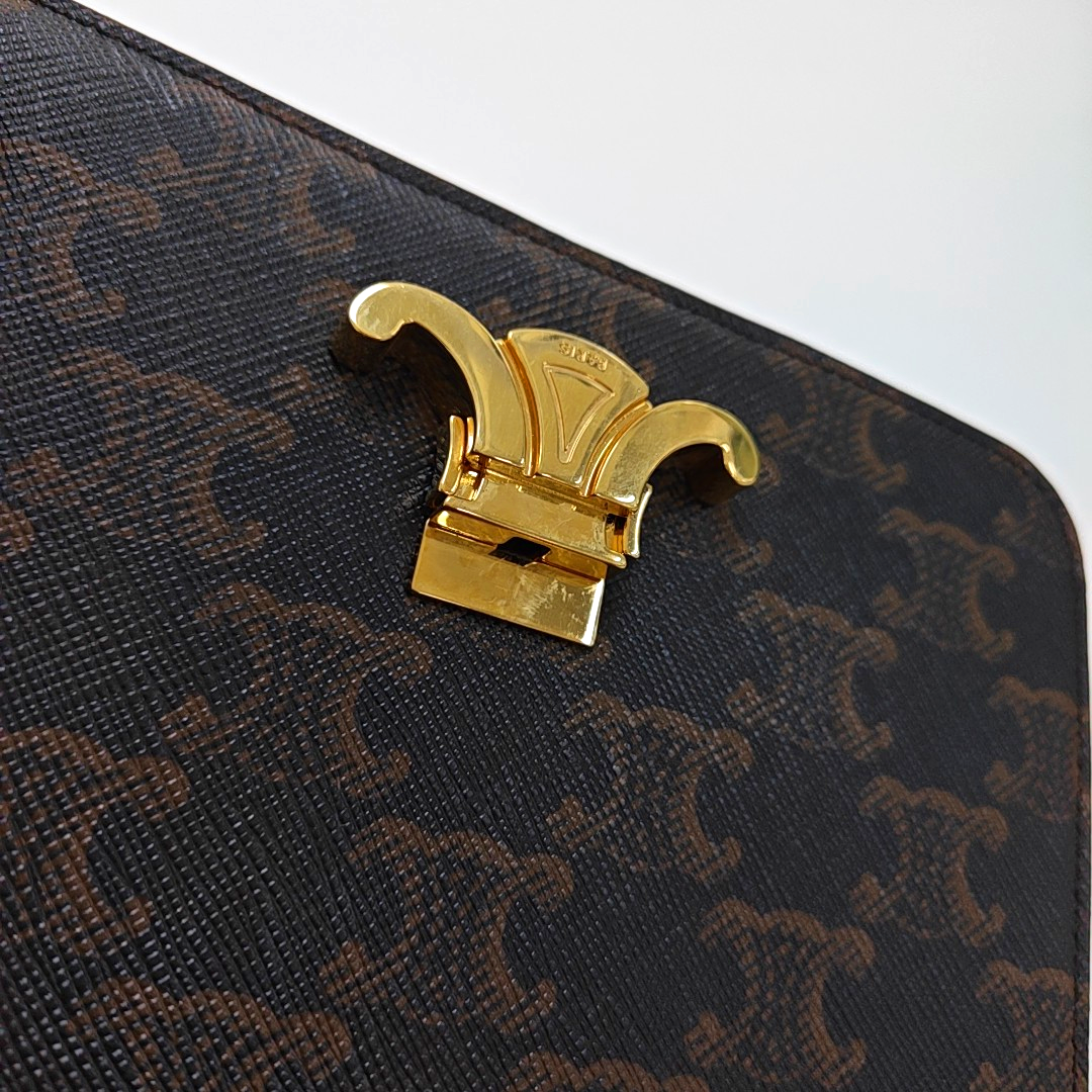 CELINE TRIOMPHE Nano Brown Coated Canvas Triumph Monogram Crossbody Bag, Shoulder Bag with Gold Hardware-(SKU)-952939919