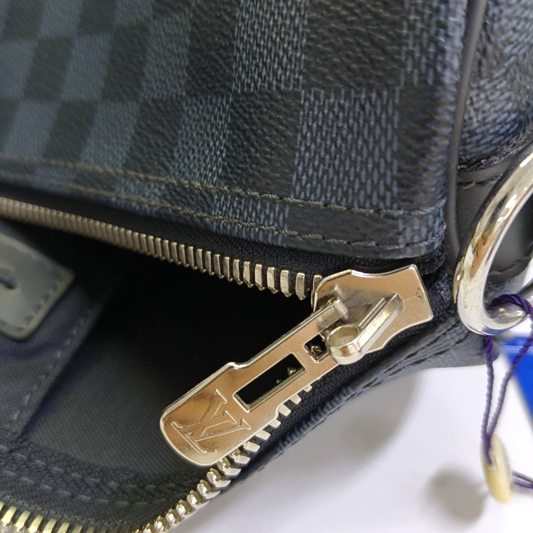 LOUIS VUITTON KEEPALL 45 Blue Coated Canvas Monogram Chessboard Boston Bag with Removable Strap-(SKU)-968524885