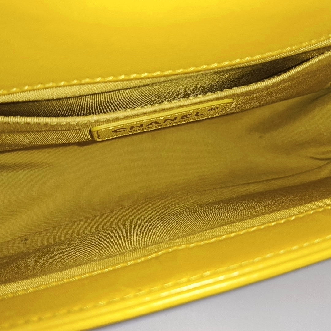 CHANEL BOY CHANEL Medium Yellow Lamb Skin Quilted V Crossbody Bag Shoulder Bag Golden Hardware 24 Clasp Removable Shoulder Strap-(SKU)-966291134