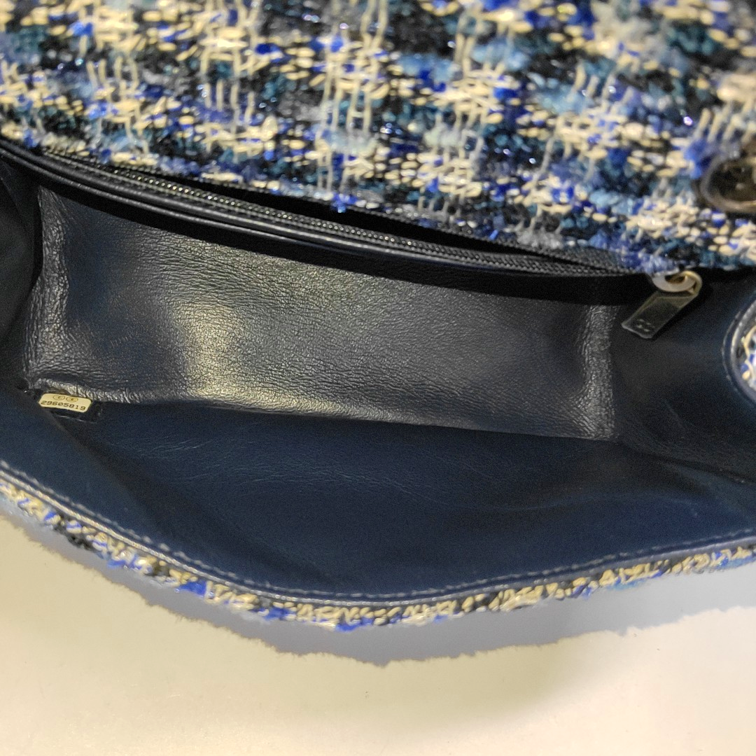 CHANEL 2.55 Mini Blue Tweed Woven Crossbody Shoulder Bag with Black Hardware, 29 Clasps-(SKU)-962059066