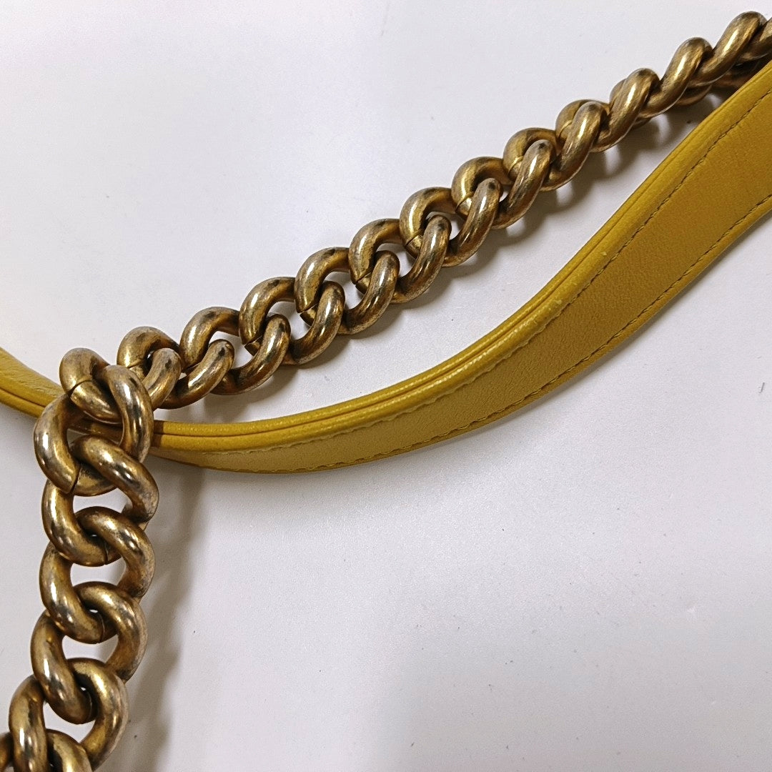 CHANEL BOY CHANEL Medium Yellow Lamb Skin Quilted V Crossbody Bag Shoulder Bag Golden Hardware 24 Clasp Removable Shoulder Strap-(SKU)-966291134