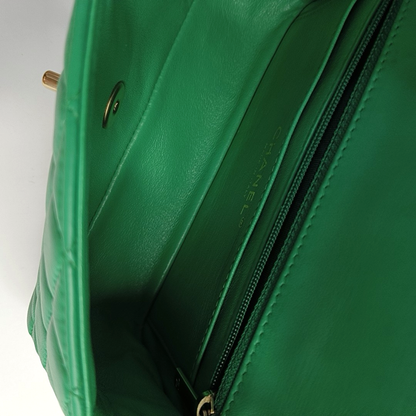 CHANEL CLASSIC FLAP Green Lamb Skin Quilted Monogram Large Mini Crossbody Bag Shoulder Bag 18 Clasp Golden Hardware-(SKU)-964964011