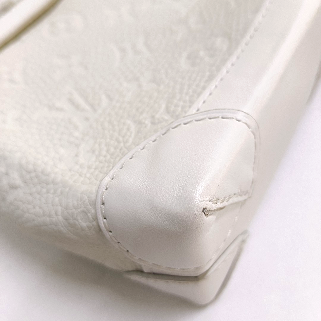 LOUIS VUITTON STEAMER Extra Small Size White Calfskin Monogram Embossed Crossbody Shoulder Bag Black Hardware Removable Shoulder Strap-(SKU)-961736730