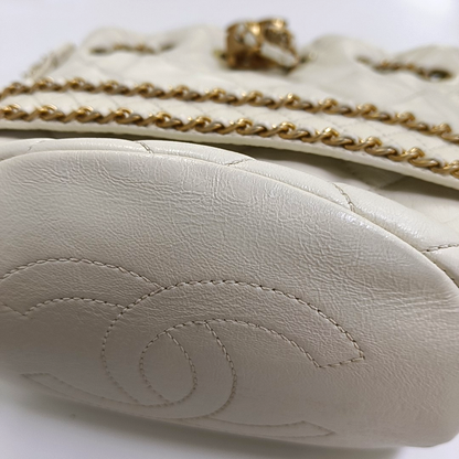 CHANEL DRAWSTRING Large White Lamb Leather Quilted Shoulder Bag with Removable Strap-(SKU)-963594078