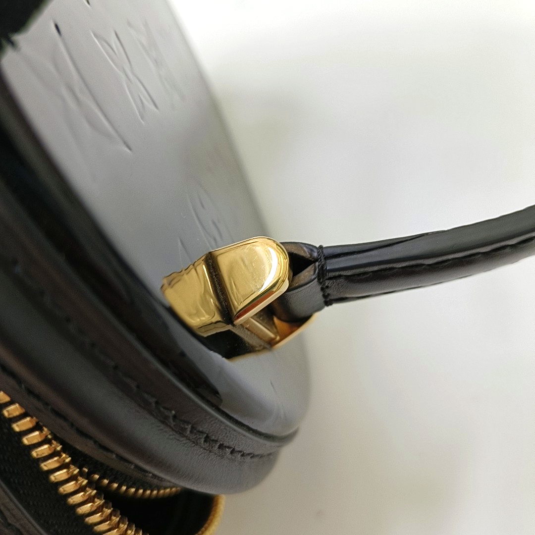 LOUIS VUITTON CANNES Black Patent Leather Embossed Money Bucket Crossbody Shoulder Bag Tote Bag Gold Hardware Removable Strap-(SKU)-952976210