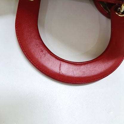DIOR Lady Dior Small Red Lambskin Quilted Cannage Diagonal Shoulder Bag with Detachable Strap-(SKU)-965676680