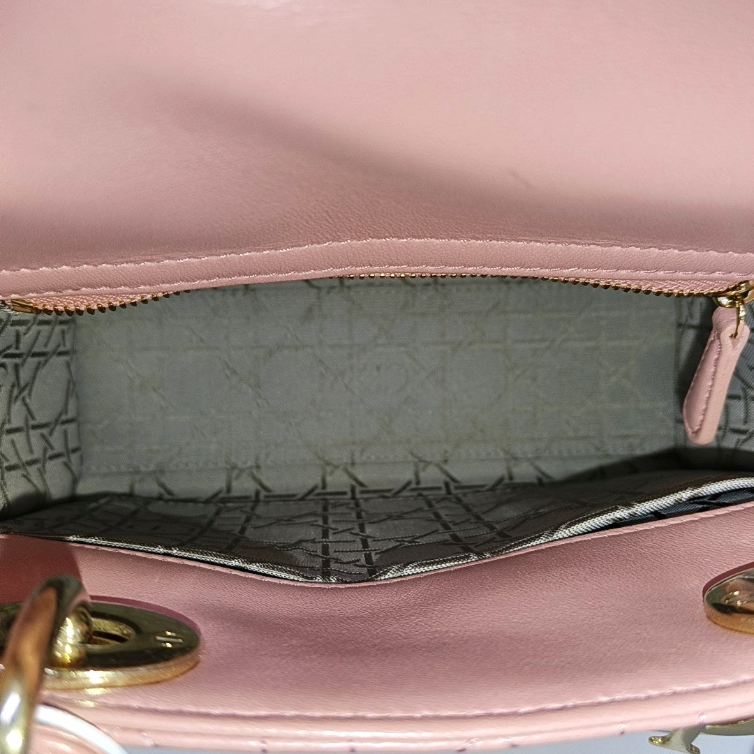 DIOR Lady Dior Small Size Pink Lamb Leather Quilted Cannage Bag with Detachable Strap-(SKU)-965734341