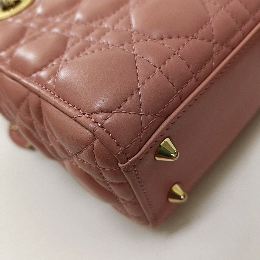 DIOR Lady Dior Small Size Pink Lamb Leather Quilted Cannage Bag with Detachable Strap-(SKU)-965734341