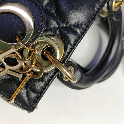 DIOR Lady D-Joy Super Mini Black Lamb Skin Wicker Stitched Crossbody Shoulder Bag Handbag Tote Bag Golden Hardware 2 Removable Straps-(SKU)-960436430
