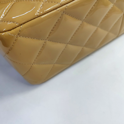 CHANEL CLASSIC FLAP Large Beige Patent Leather Quilted Diamond Pattern Shoulder Bag Handbag Crossbody Bag Silver Hardware 18 Clasp-(SKU)-947914762