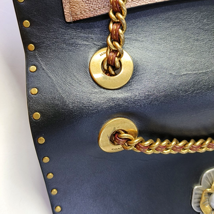 COACH PARKER 26 Black Calfskin Leather Monogrammed Stud Single Shoulder Bag with Crossbody Golden Silver Hardware-(SKU)-942966572