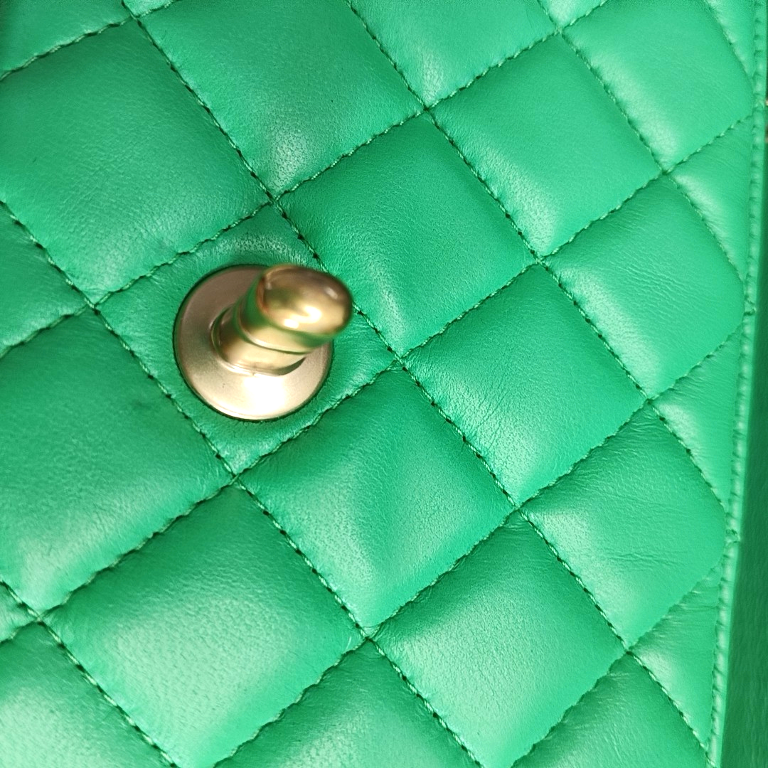CHANEL CLASSIC FLAP Green Lamb Skin Quilted Monogram Large Mini Crossbody Bag Shoulder Bag 18 Clasp Golden Hardware-(SKU)-964964011