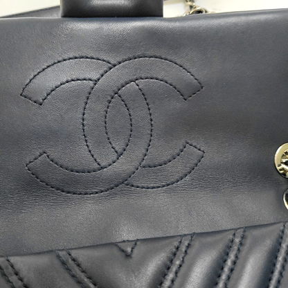 CHANEL CLASSIC FLAP Medium-sized Deep Blue Lamb Skin Quilted V Pattern Crossbody Bag Shoulder Bag 21 Clasp Silver Hardware-(SKU)-960583335