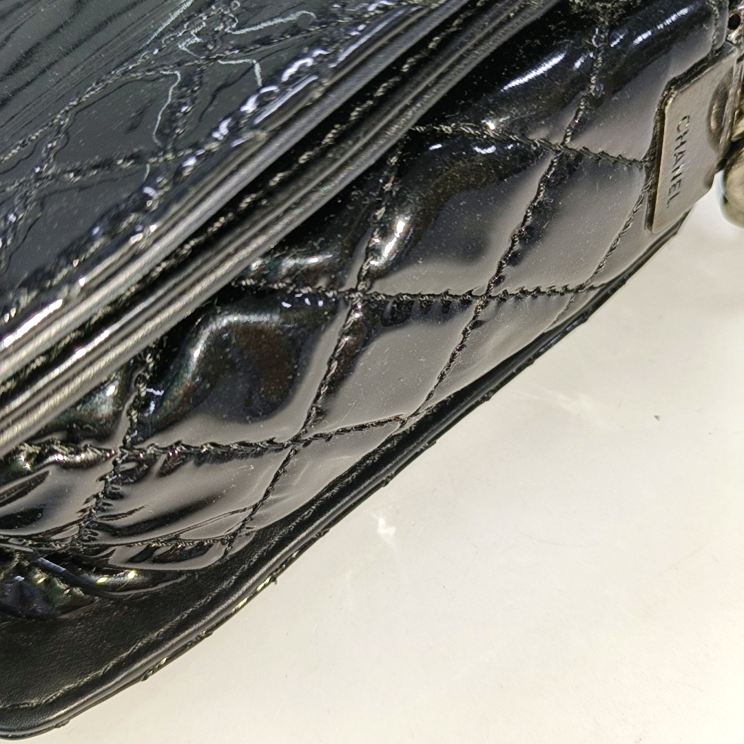 CHANEL BOY CHANEL Large Black Patent Leather Quilted Diagonal Shoulder Bag with Detachable Strap-(SKU)-14067527