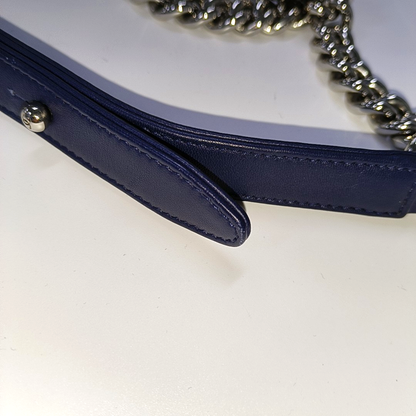 CHANEL BOY CHANEL Small Size Dark Blue Tweed Quilted V Pattern Crossbody Bag with Silver Hardware 24 Compartments Removable Shoulder Strap-(SKU)-946050754