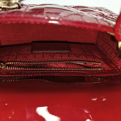 DIOR Lady Dior Mini Red Patent Leather Quilted Cannage Three-Panel Single Shoulder Bag Handbag Crossbody Bag Gold Hardware Removable Shoulder Strap-(SKU)-969715259