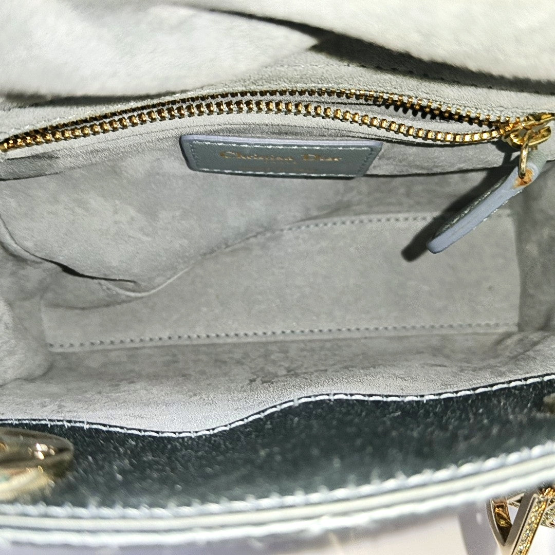 DIOR Lady Dior Mini Blue Satin Cannage Quilted Shoulder Bag Tote Bag Crossbody Bag Golden Hardware Removable Strap-(SKU)-970711343