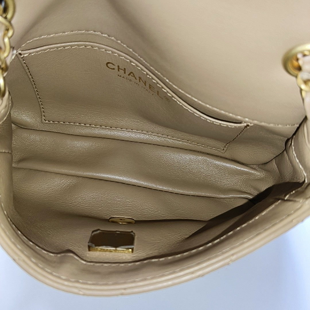 CHANEL CLASSIC FLAP Mini Khaki Lamb Leather Quilted Chevron Shoulder Crossbody Bag Golden Hardware-(SKU)-969262802