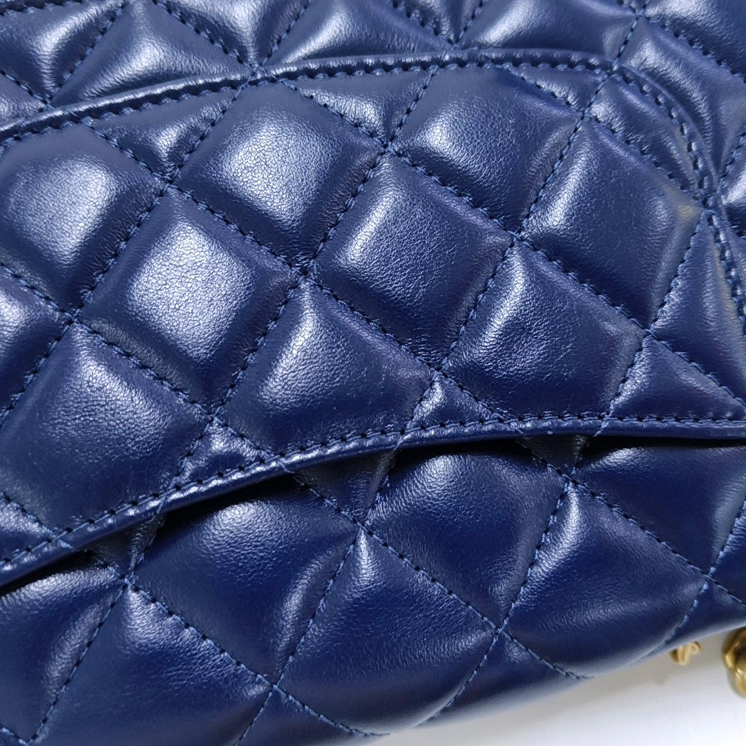 CHANEL 24B Dark Blue Lamb Skin Diamond Quilted Shoulder Bag Crossbody Bag Golden Hardware-(SKU)-965304712