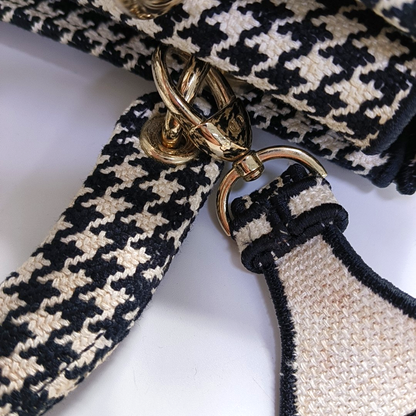 DIOR Lady D-Lite Medium Black Canvas Monogram Embossed Tweed Lady Dior Bag with Detachable Strap-(SKU)-943402222