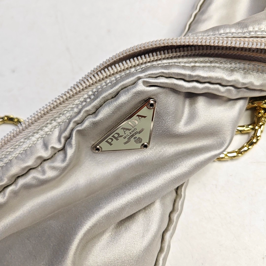 PRADA Silver Gray Satin Logo Single Shoulder Bag Golden hardware-(SKU)-958257769