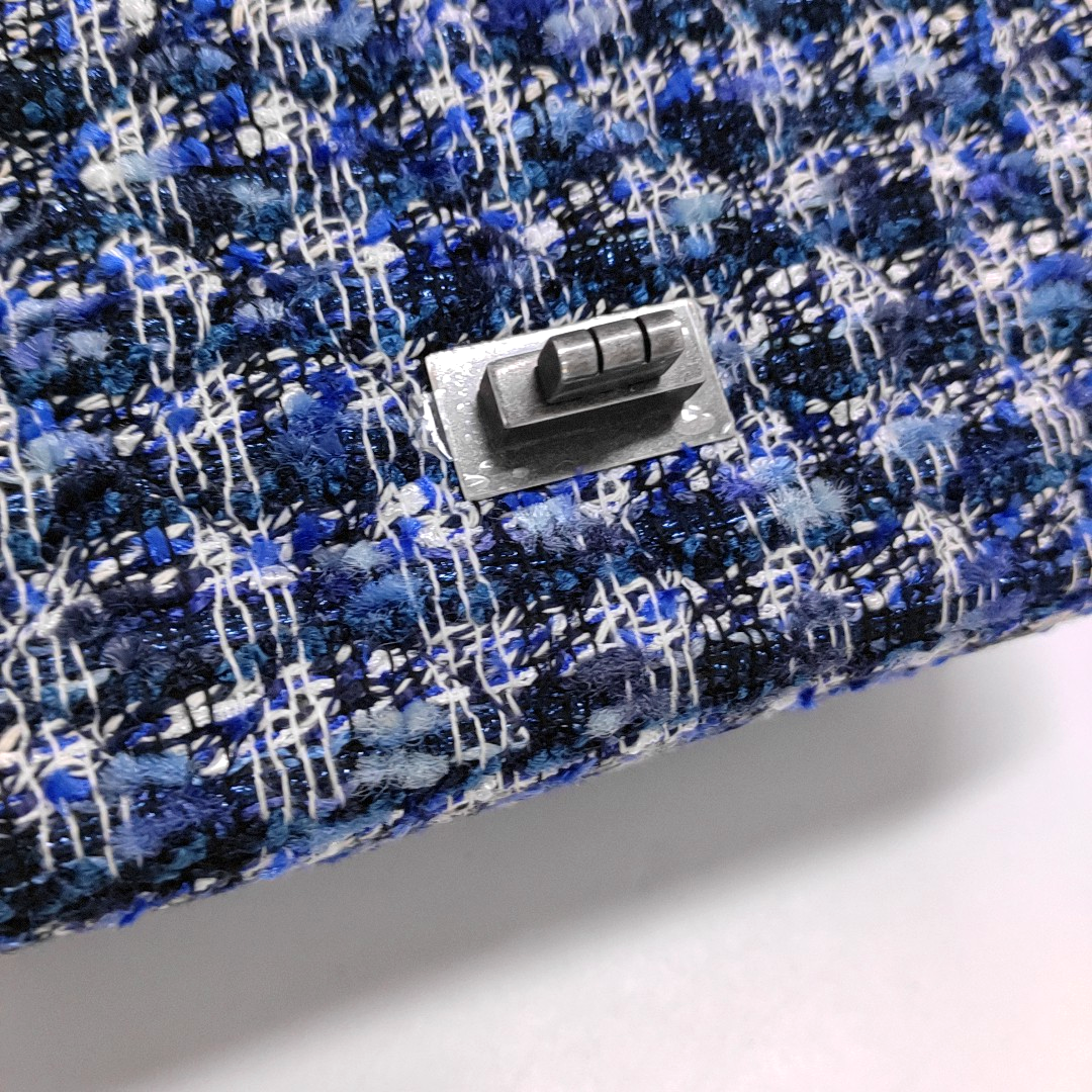 CHANEL 2.55 Mini Blue Tweed Woven Crossbody Shoulder Bag with Black Hardware, 29 Clasps-(SKU)-962059066