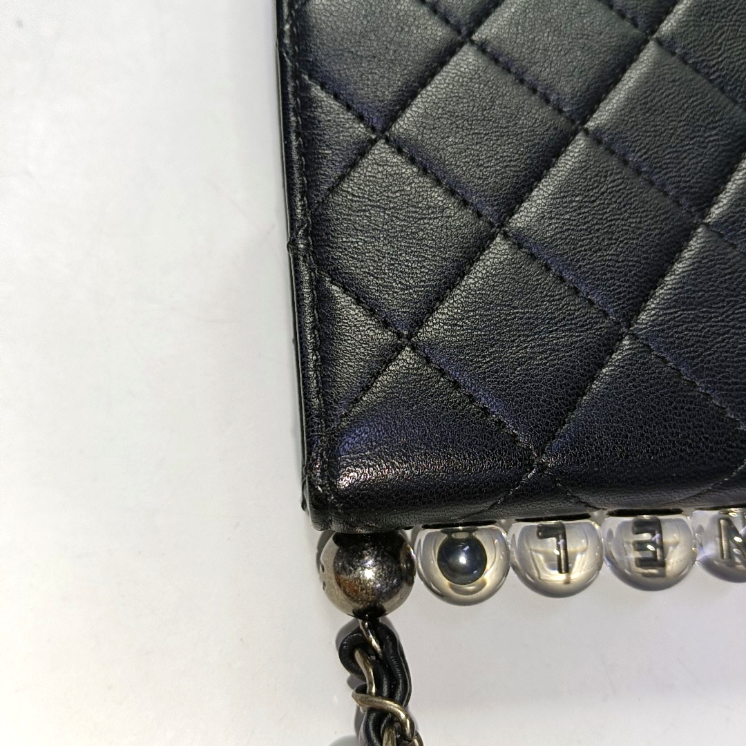 CHANEL CLASSIC VERTICAL PEARL Small Size Black Lamb Skin Quilted Crossbody Shoulder Bag Silver Hardware 29 Clasp-(SKU)-957700212