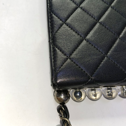 CHANEL CLASSIC VERTICAL PEARL Small Size Black Lamb Skin Quilted Crossbody Shoulder Bag Silver Hardware 29 Clasp-(SKU)-957700212