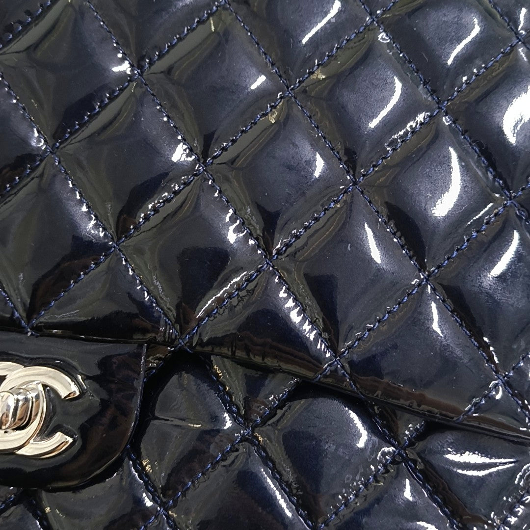 CHANEL CLASSIC FLAP Deep Blue Patent Leather Quilted Bag with Silver Hardware, 19-(SKU)-966563538