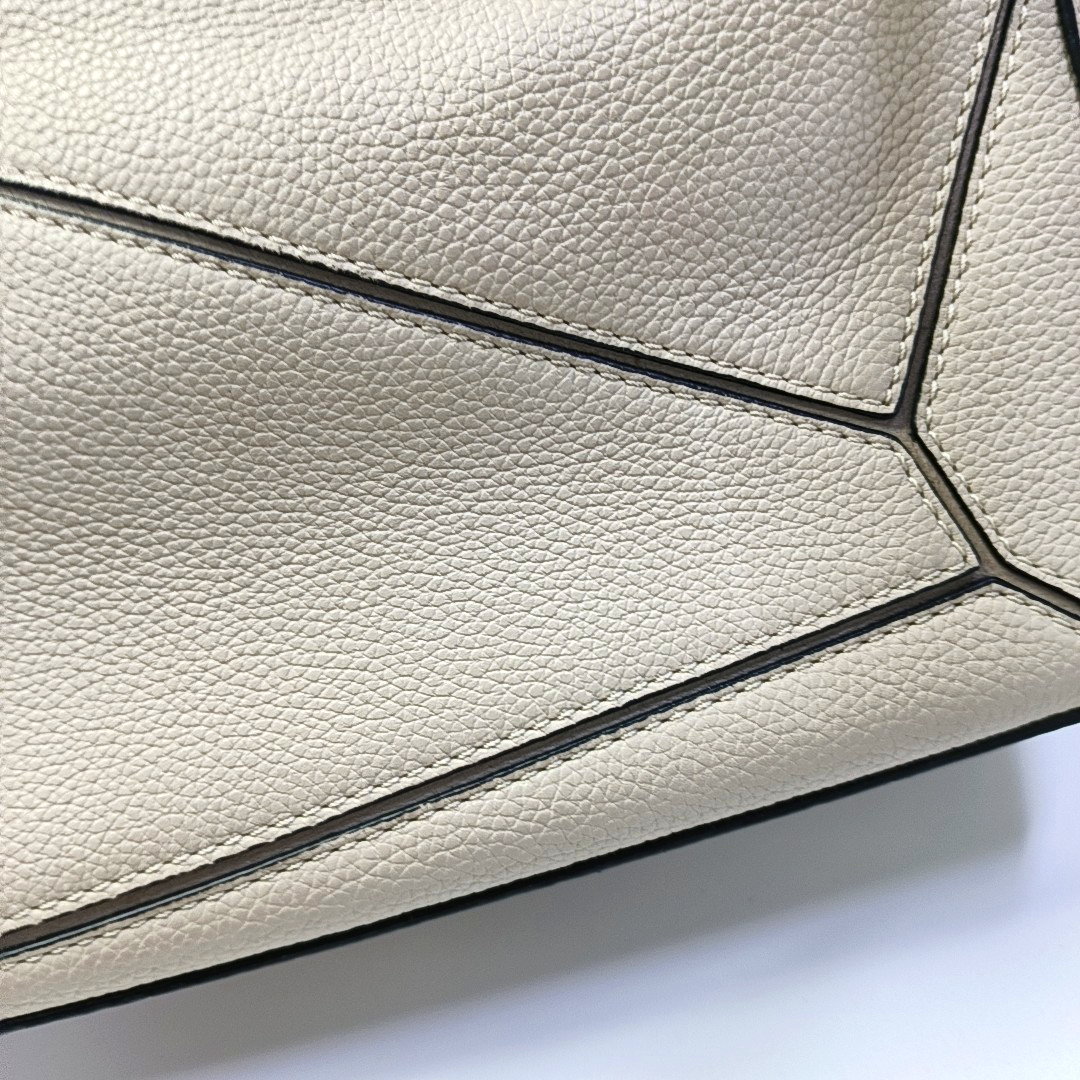 LOEWE Puzzle Small Khaki Calfskin Embossed Geometric Bag, Crossbody, Shoulder Bag, and Tote with Silver Hardware Removable Strap-(SKU)-963859842